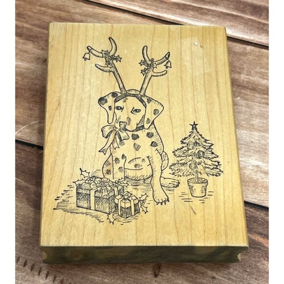VERY HTF GREAT IMPRESSIONS G21 DOG W ANTLERS WOOD MOUNTED RUBBER STAMP DALMATION - Picture 1 of 4